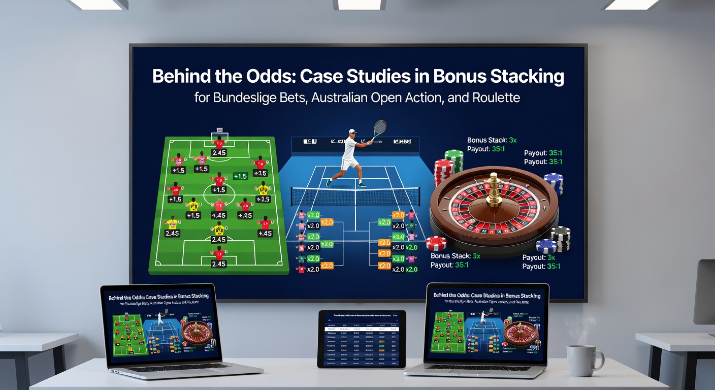 Detaillierte Darstellung eines Australian-Open-Matches mit überlagerten Tennis-Bonus-Icons und Stacking-Pfeilen, die Verbindungen zu Fußball- und Casino-Boni zeigen