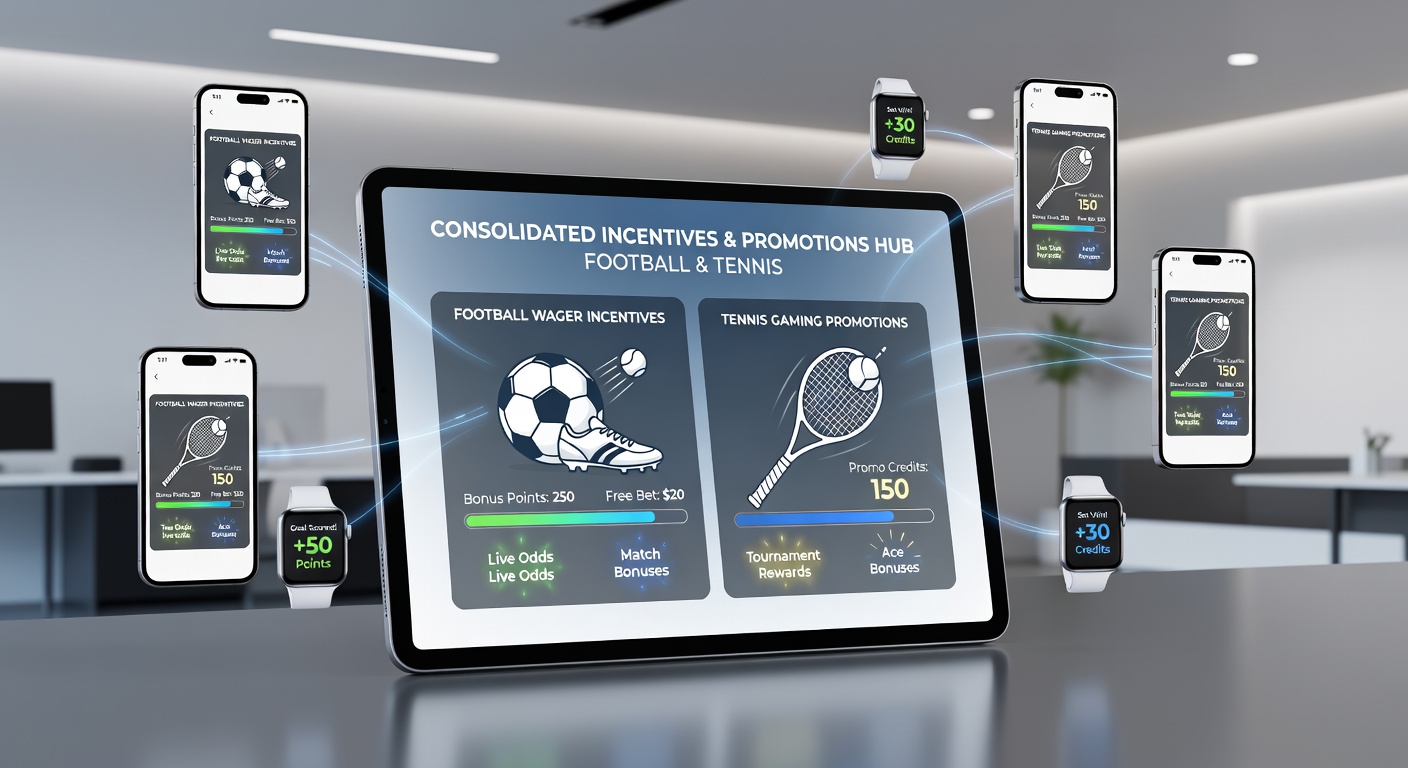 Konsolidierte Ansicht von Sportwetten-Boni und Gaming-Promotions auf einem Tablet während eines Fußball- und Tennis-Events